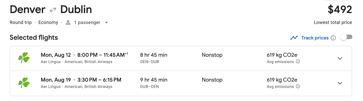 Denver Dublin flight deal